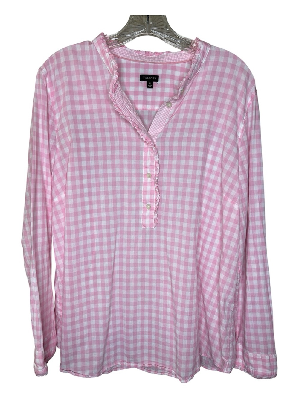 Talbots Pink Gingham Ruffle Button-Front Top Sz XL - Picture 2 of 5